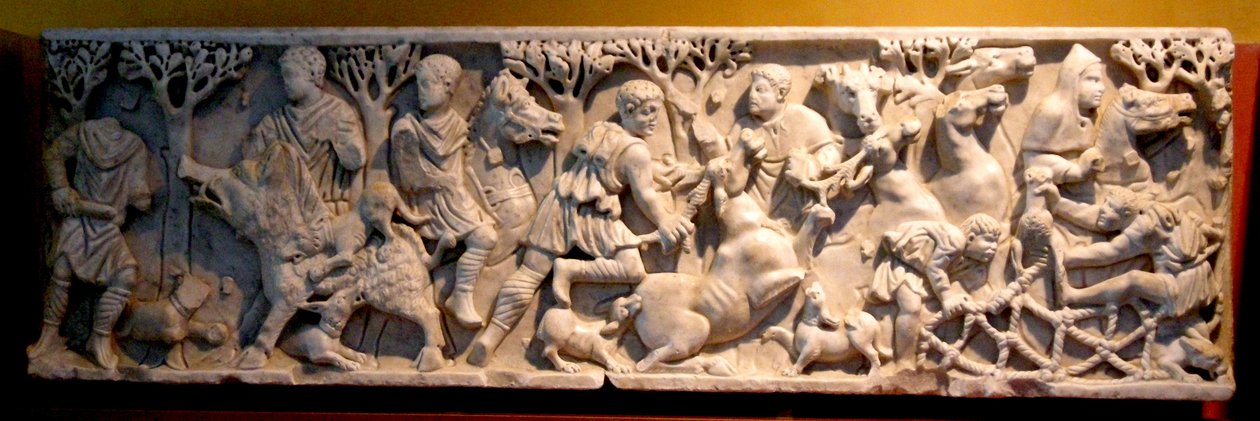 Sarkofag som visar en jakt (marmor) av Roman