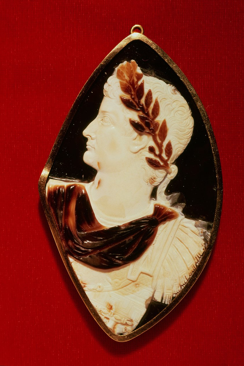 Sardonyx Cameo som bär profilen av Tiberius (Claudius Nero) (42BC-37AD), 1:a århundradet AD (sardonyx) av Roman