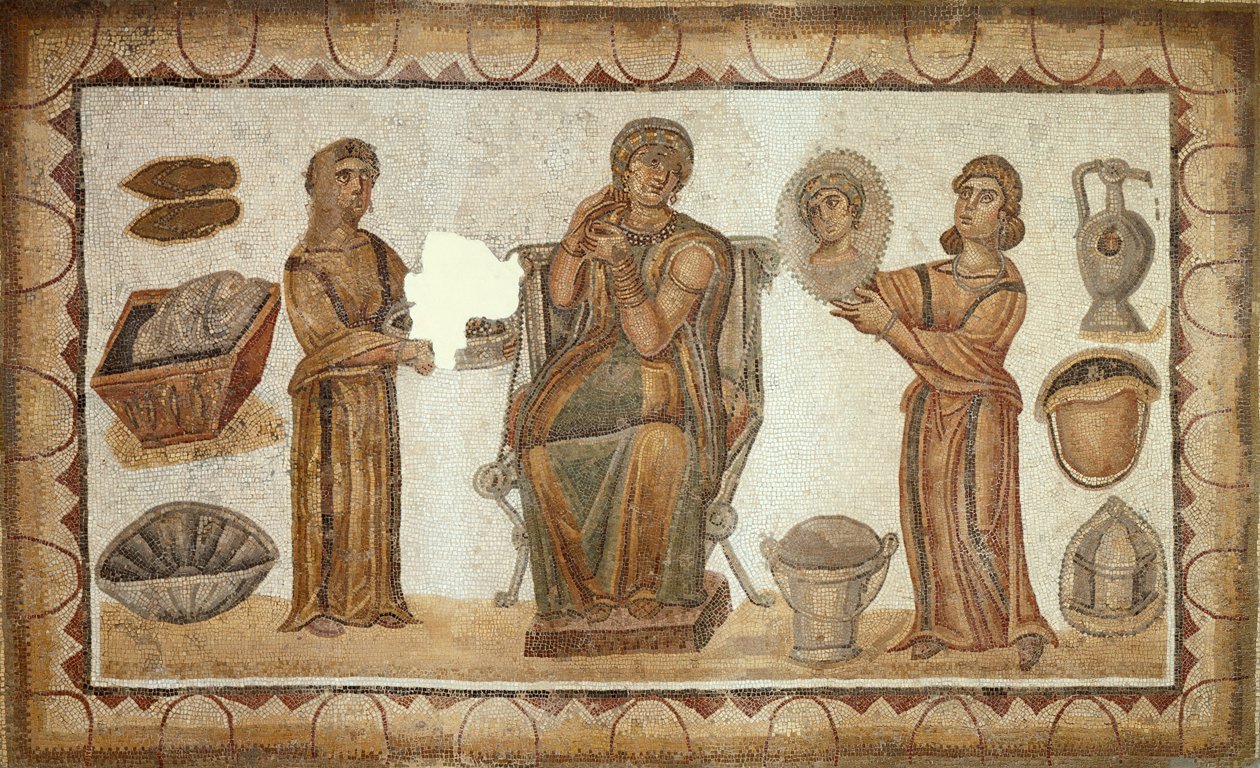 Kvinnan från Sidi Ghrib vid hennes toalett (mosaik) av Roman