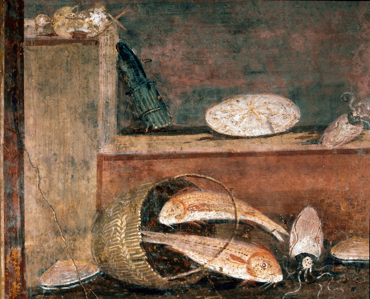 Fiskar och sparris (fresk av Roman