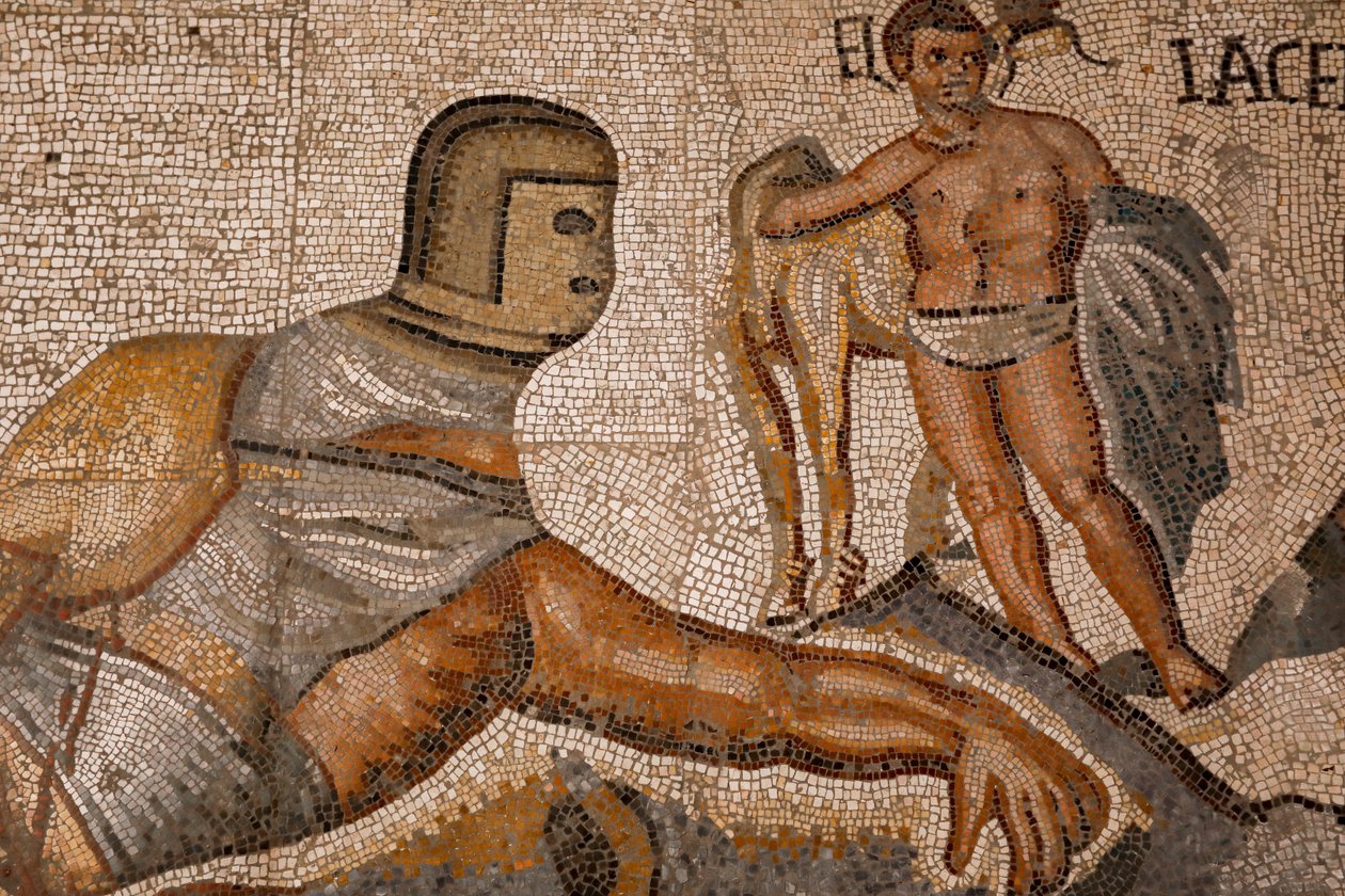 Gladiatorstrider. 320-330, mosaik av Roman