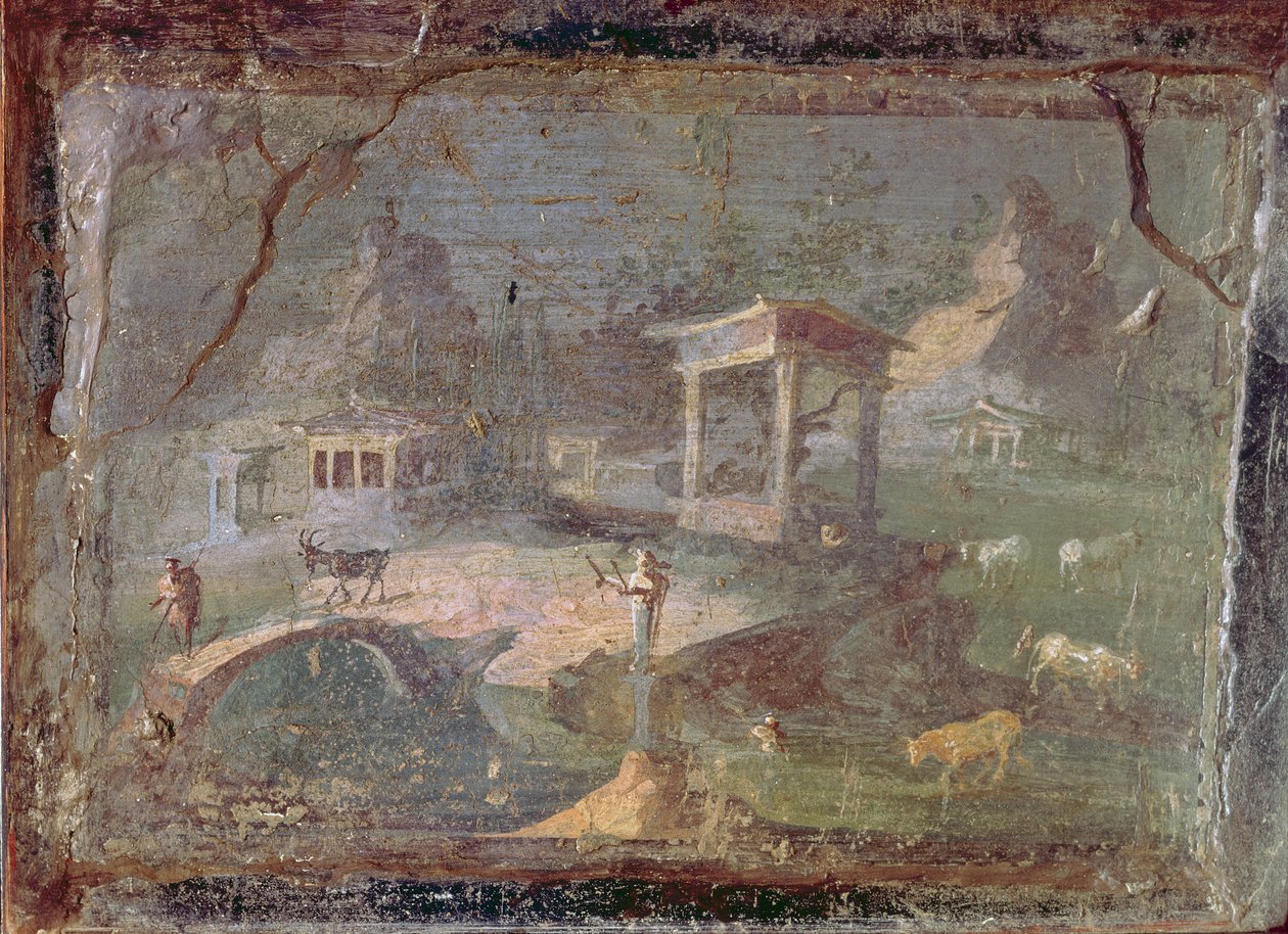 Idylliskt landskap, från Herculaneum, 1:a århundradet f.Kr.-79 e.Kr av Roman
