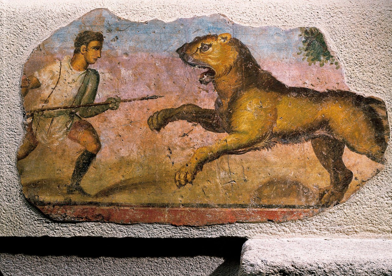 Gladiator som slåss mot ett lejon (fresk) av Roman Roman
