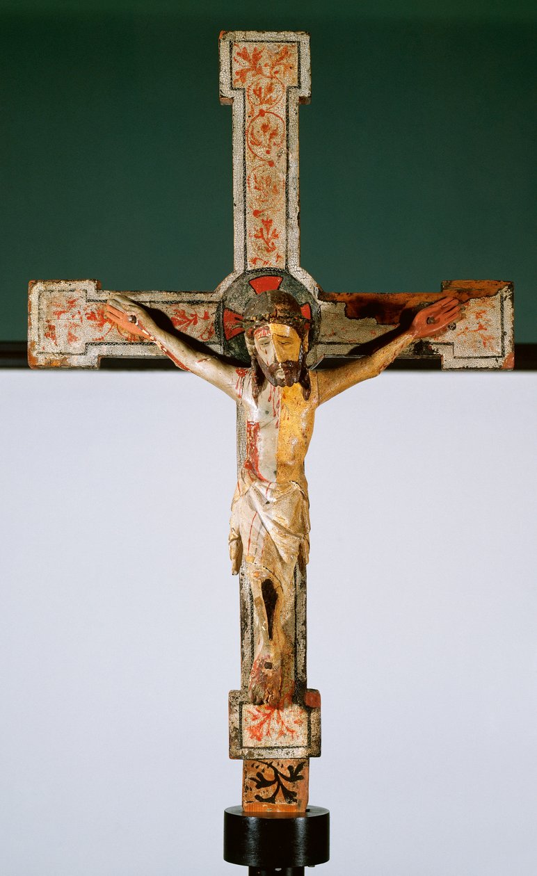 Kristus korsfäst (Christuspatienter) (polykromt trä) av Romanesque