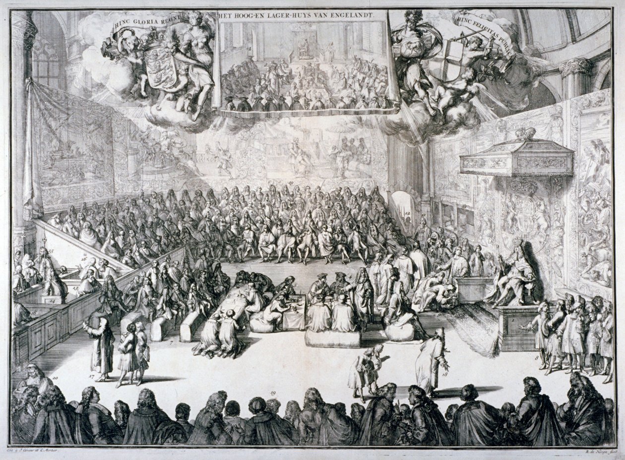 "The Upper and Lower House of England", 1689 av Romeyn de Hooghe