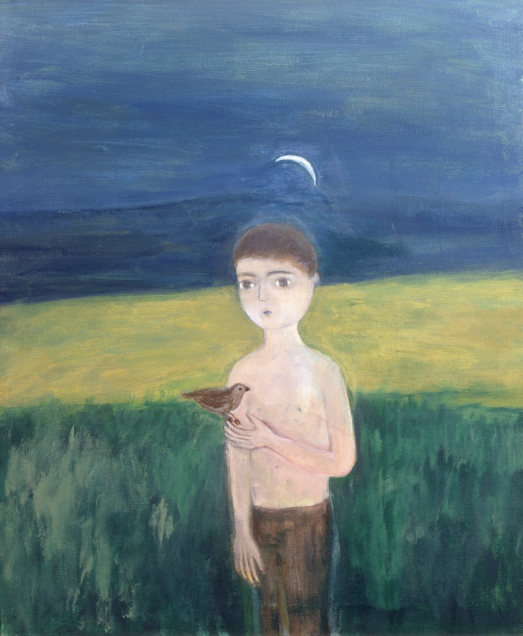 Pojke med fågel, 2002 (akryl på duk) av Roya Salari
