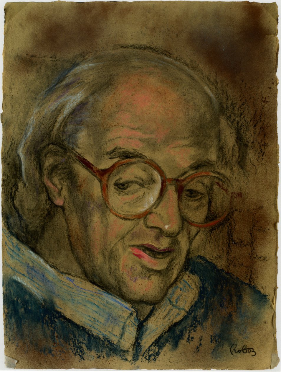 Sir John Mortimer portræt af Zsuzsi Roboz i pastelswed av Rudolf Eichstaedt