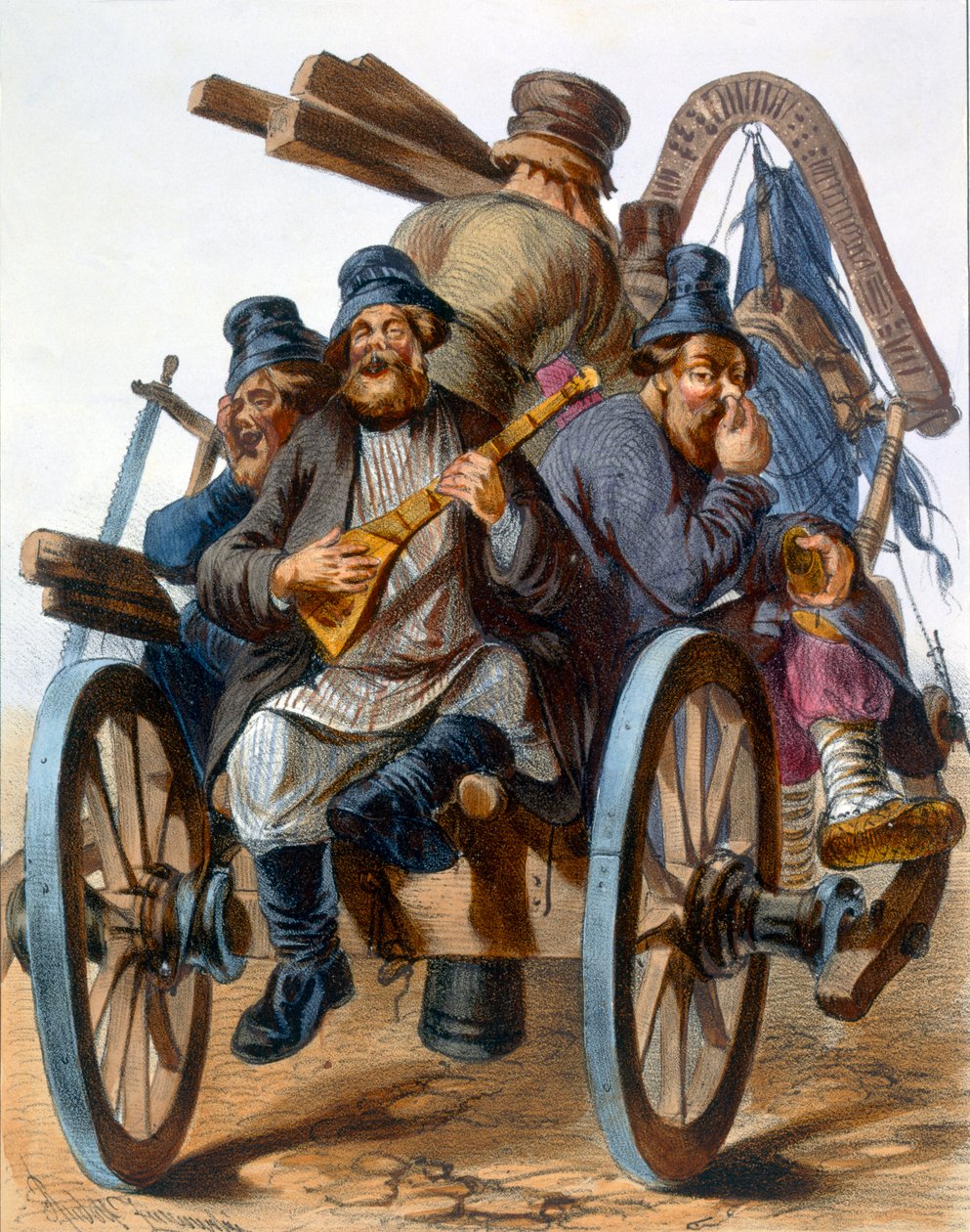 Grupp berusade bondemän som sjunger när de går hem på en vagn, 1843 av Rudolf Jukowsky
