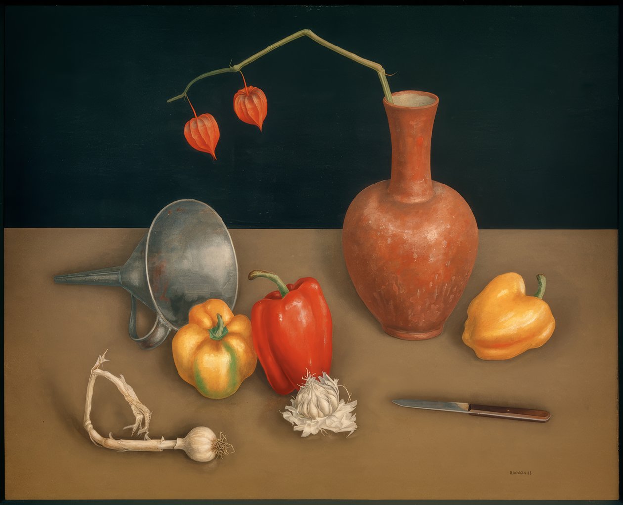 Stilleben med paprika (kniv, vas, lyktablomma) av Rudolf Wacker