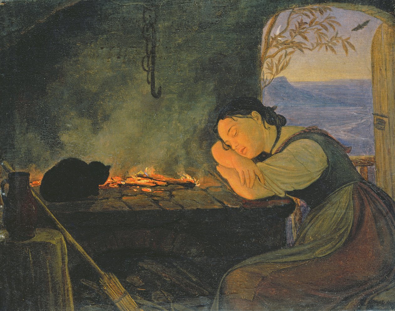 Flicka som sover vid elden, 1843 av Rudolph Friedrich Wasmann