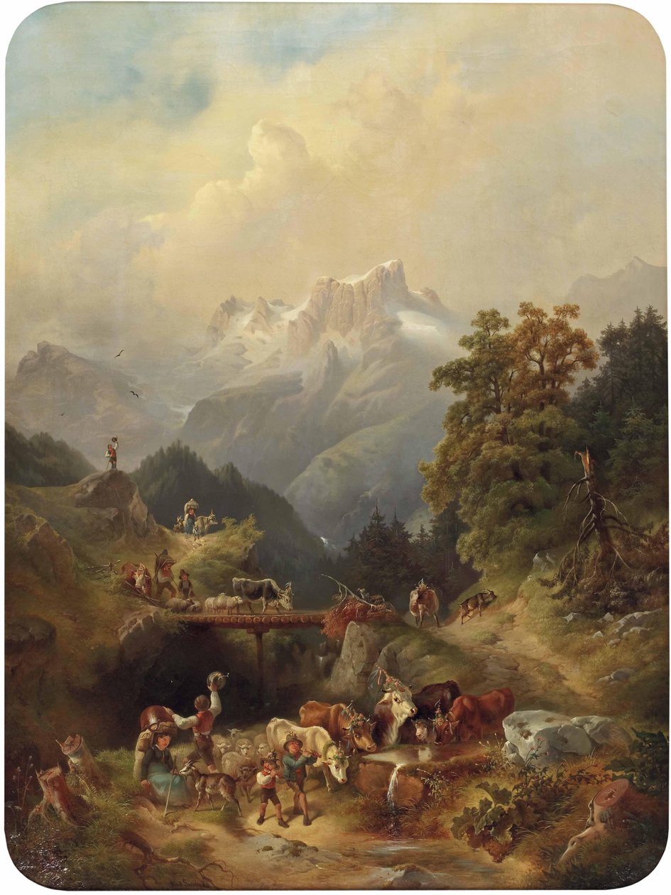 Festlicher Almabtrieb im Hochgebirge. av Rudolf Swoboda der Ältere