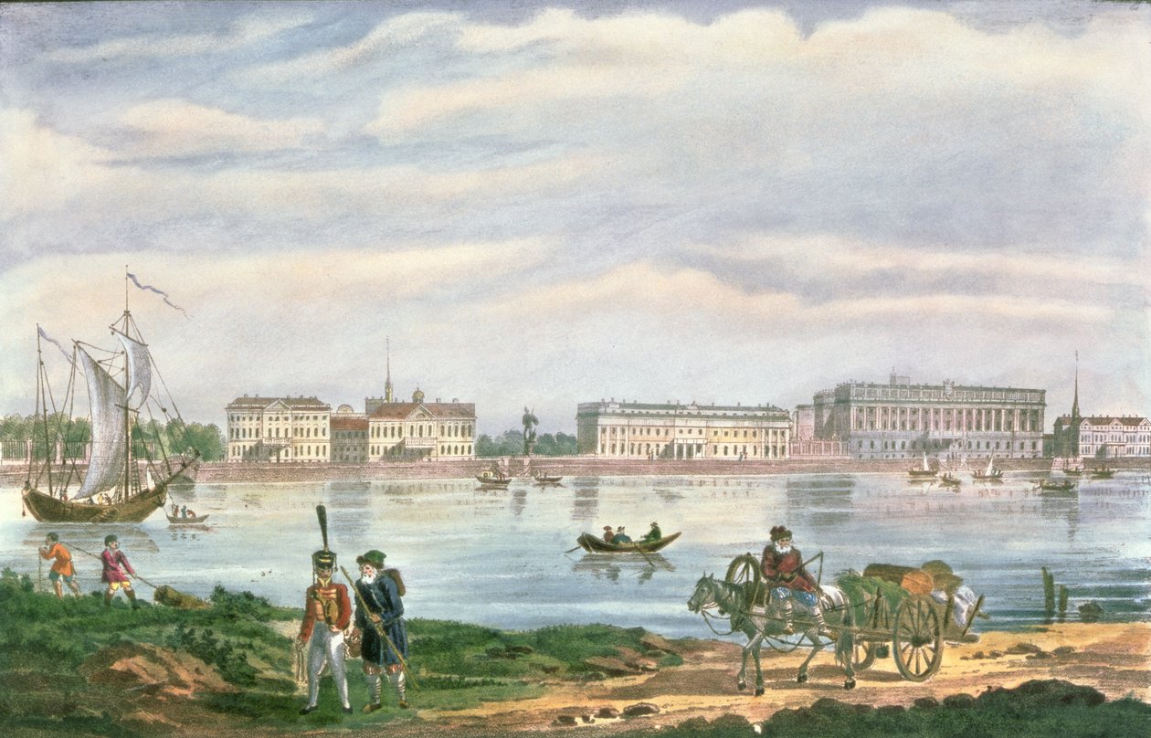 Marmorpalatset och Neva-vallen i St. Petersburg, 1822 av Russian School