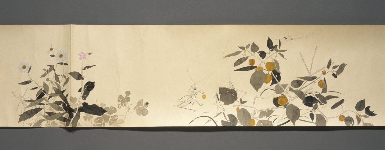 Wildlife Friends (Yasei no Tomo), Taisho Period, Taisho 7th Year, ca 1918 (bläck & wc på vävt papper dekorerat med glimmer) av Ryoka Kawakami