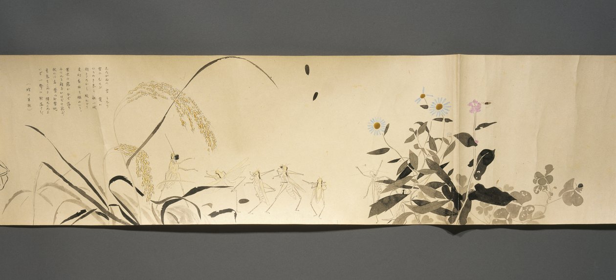 Wildlife Friends (Yasei no Tomo), Taisho Period, Taisho 7th Year, ca 1918 (bläck & wc på vävt papper dekorerat med glimmer) av Ryoka Kawakami