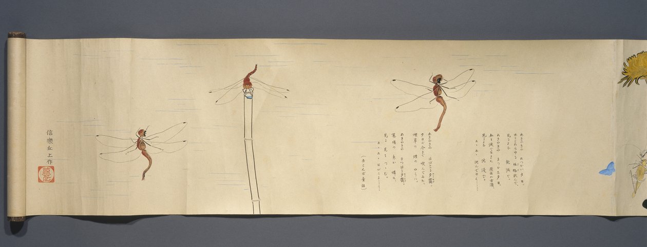 Wildlife Friends (Yasei no Tomo), Taisho Period, Taisho 7th Year, ca 1918 (bläck & wc på vävt papper dekorerat med glimmer) av Ryoka Kawakami