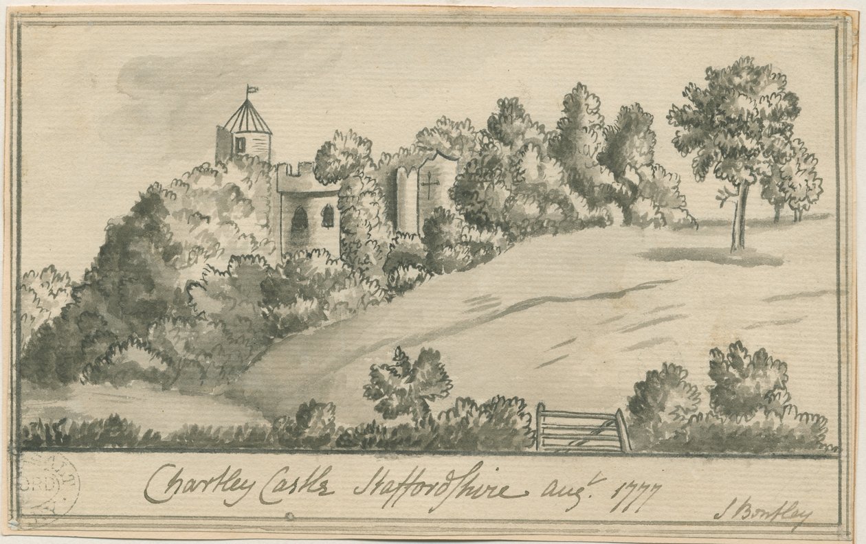 Chartley Castle: sepiateckning, augusti 1777 av S Bentley