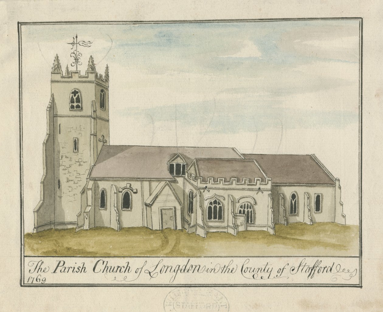 Longdon Church: akvarellmålning av S Bentley