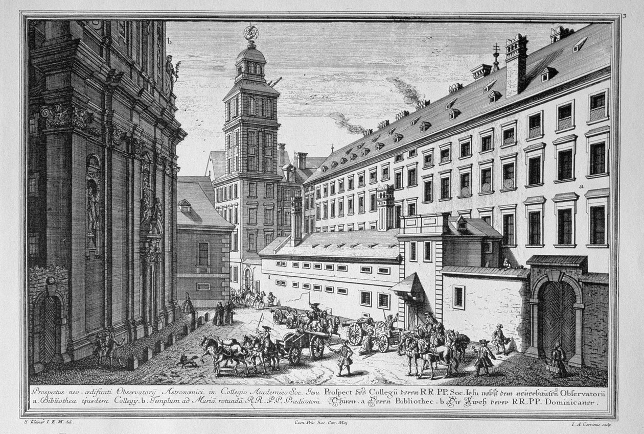 Utsikt över det nya observatoriet i Jesuit College, Wien, som även visar biblioteket och kyrkan St. Maria Rotunda graverade av Johann-August Corvinus (1683-1738) av Salomon Kleiner