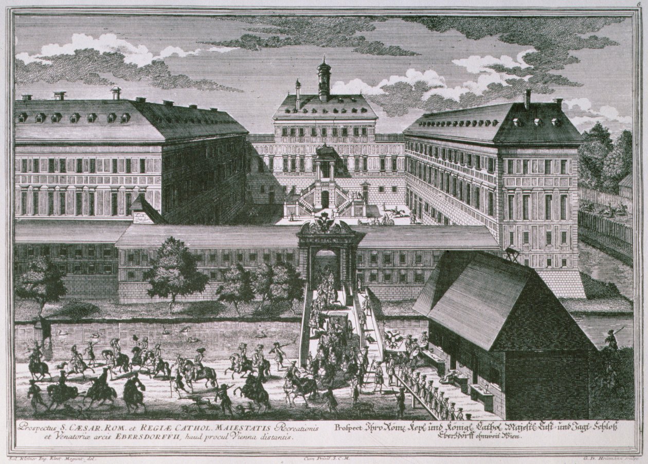 Vy över Schloss Ebersdorff nära Wien graverad av Georg-Daniel Heumann (1691-1759) av Salomon after Kleiner