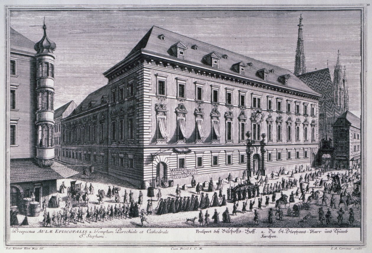 Vy över ett begravningståg med St. Stephens Cathedral i bakgrunden graverad av Johann-August Corvinus (1683-1738) av Salomon after Kleiner