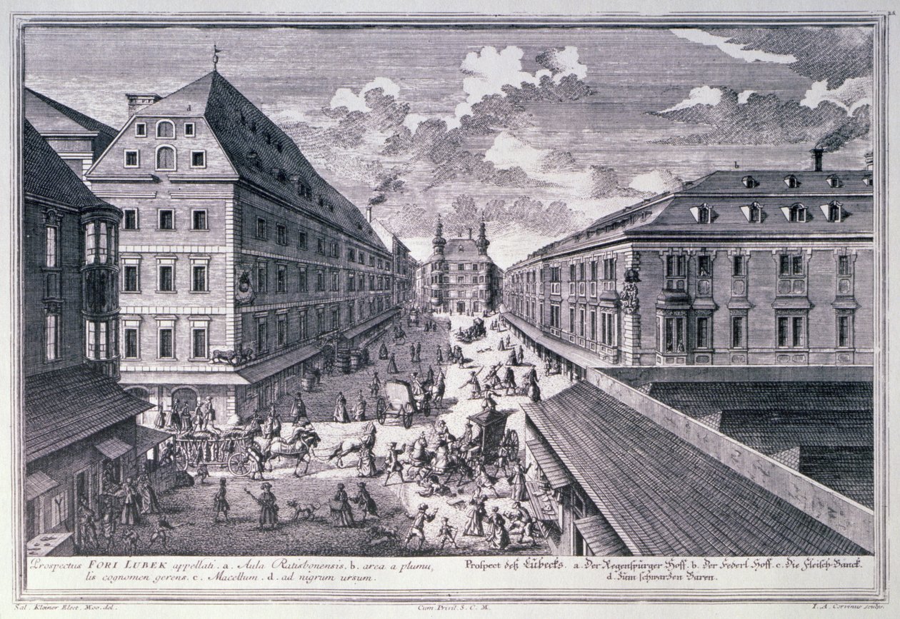 Utsikt över Fori Lubek graverad av Johann-August Corvinus (1683-1738) av Salomon after Kleiner