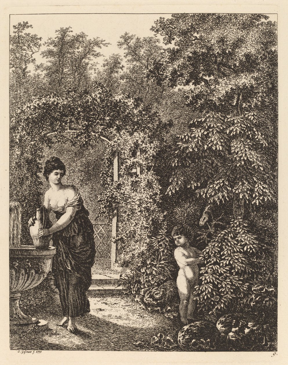 Putto besöker en flicka vid en fontän av Salomon Gessner