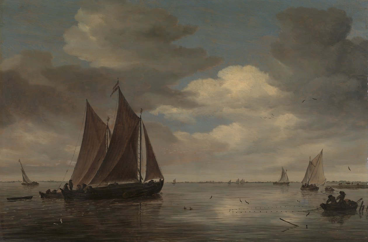 Fiskebåtar på en flod, tidigt 1660-tal. av Salomon Ruysdael