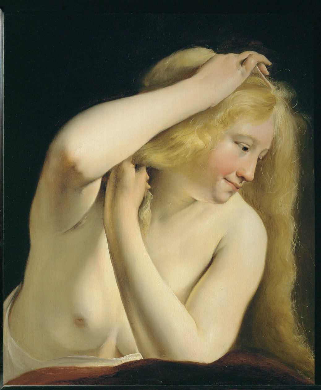 Ung kvinna som kammar sitt hår ... av Salomon de Bray