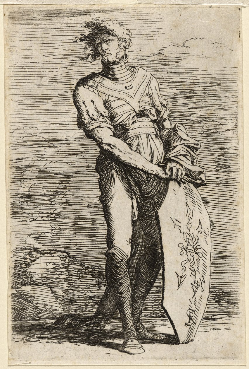 En stående krigare som håller en långsträckt åttakantig sköld, ca 1656-57 (etsning på lagt papper) av Salvator Rosa