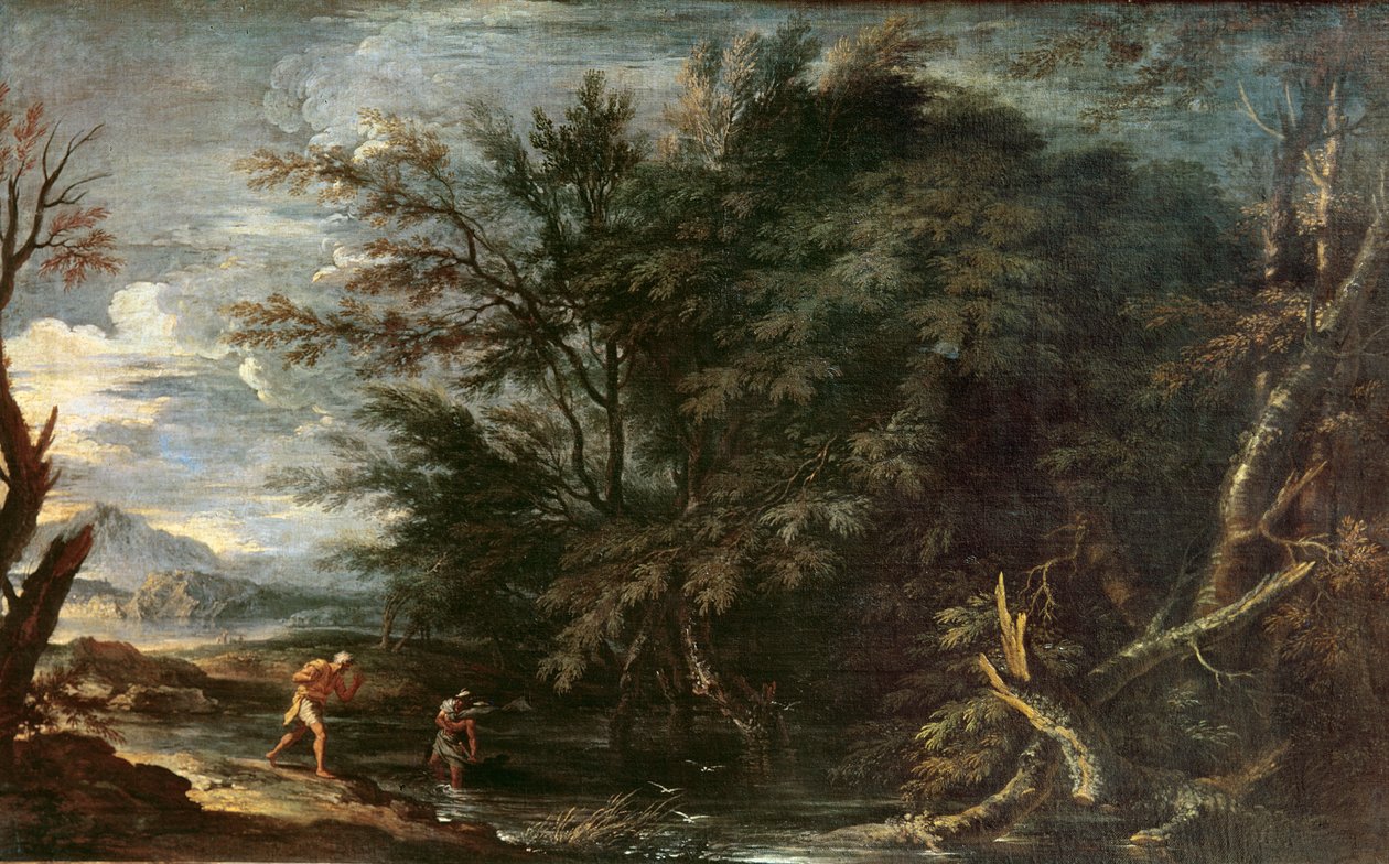 Landskap med Merkurius och den oärliga skogsmannen, c.1650 av Salvator Rosa