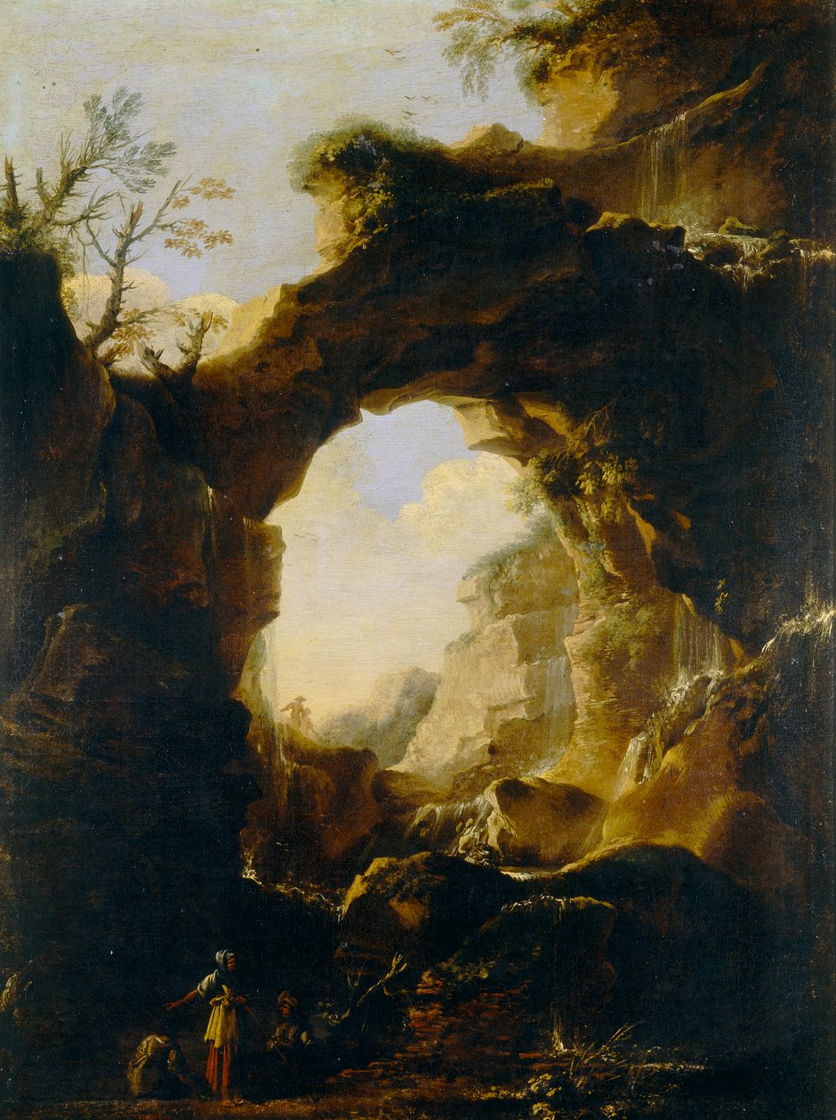 Landskap med båge och vattenfall av Salvator Rosa