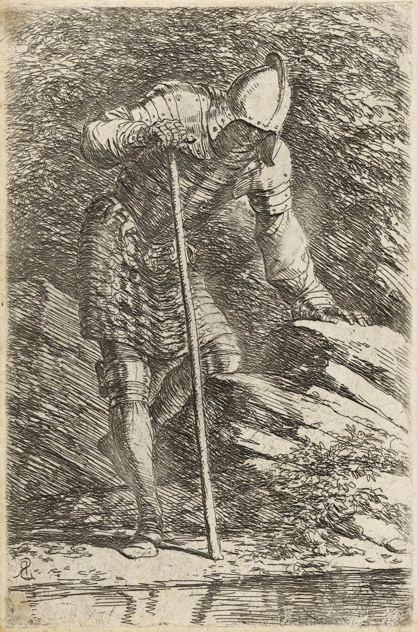 Soldat i hjälm och rustning angående en bäck, c.1656-57 (etsning på lagt papper med torrnål) av Salvator Rosa