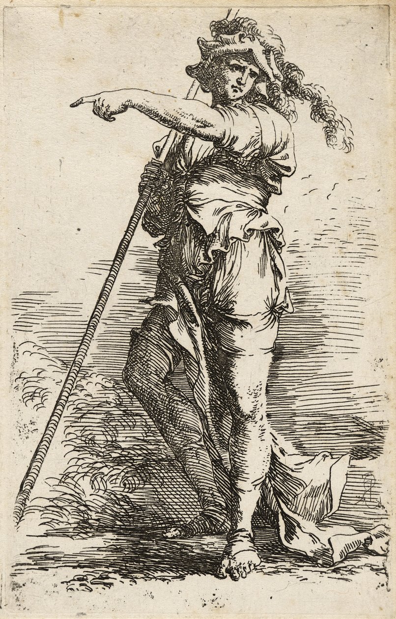 Stående krigare, håller en lång stav över axeln och pekar, ca 1656-57 (etsning med torrnål på lagt papper) av Salvator Rosa