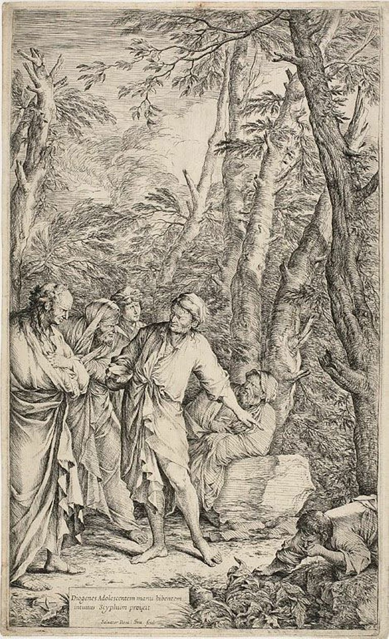 Diogenes kastar bort sin skål av Salvator Rosa