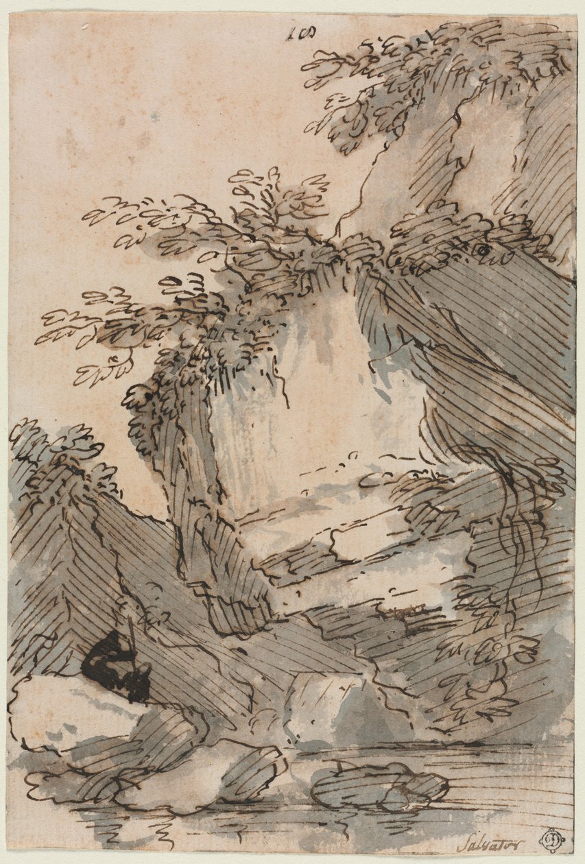 Figurer vid en stenig pool, 16601673. av Salvator Rosa