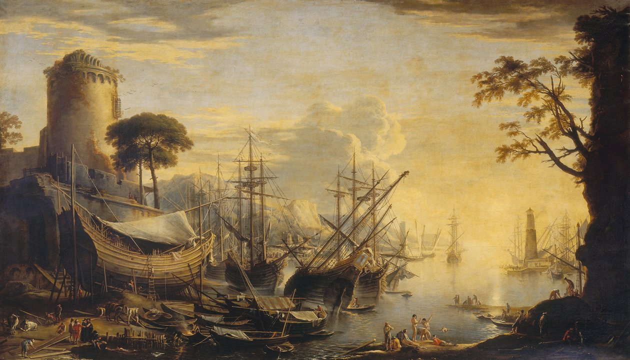 Havn ved solnedgange av Salvator Rosa
