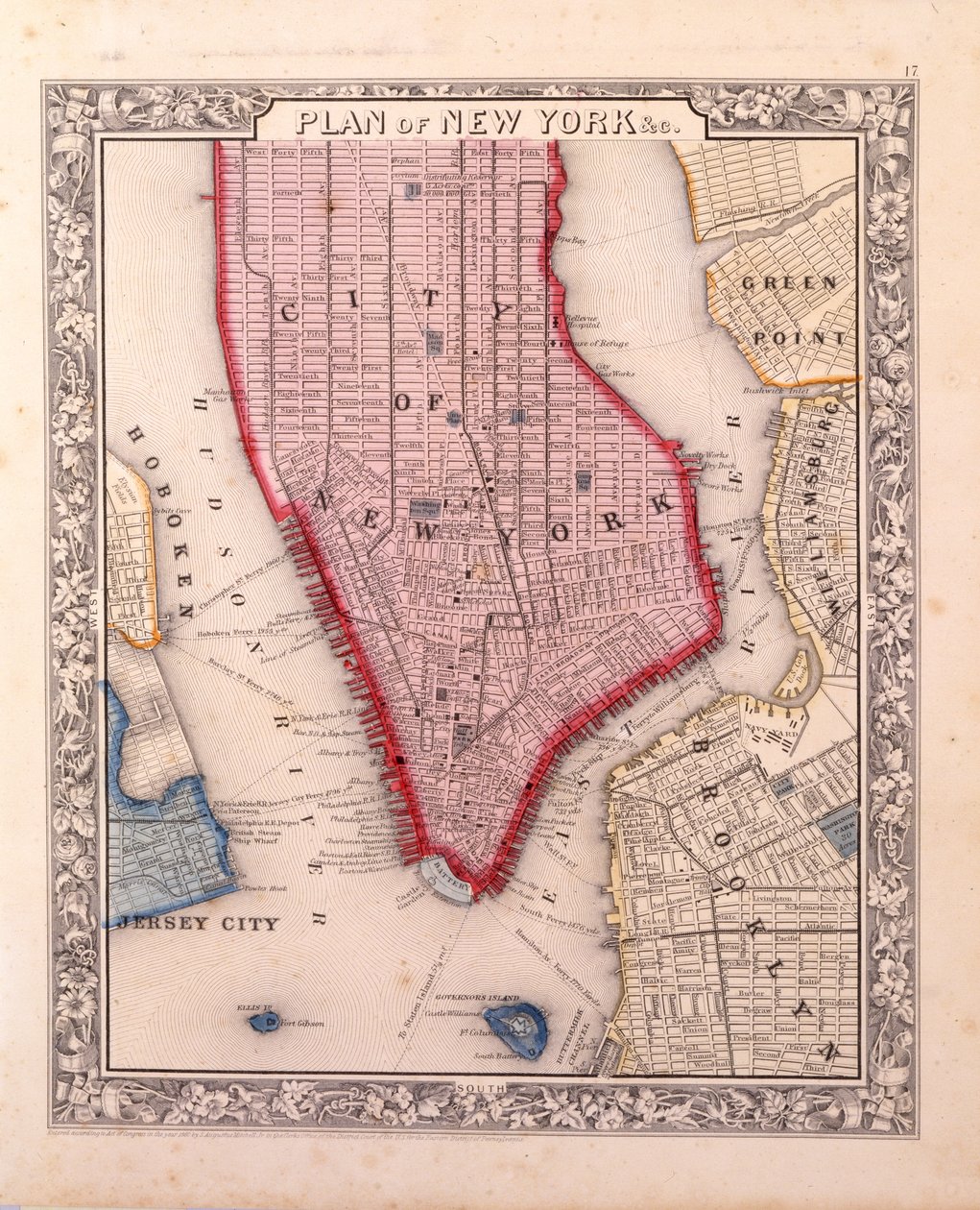 Plan över New York undc. [på Manhattan, så långt norrut som 46th Street], 1860 (svart och färgbläck, med handfärgning, på papper) av Samuel Augustus Mitchell
