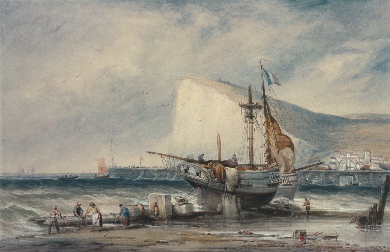Shakespeares Cliff, Dover, med Luggers on the Beach (wc på papper) av Samuel Austin