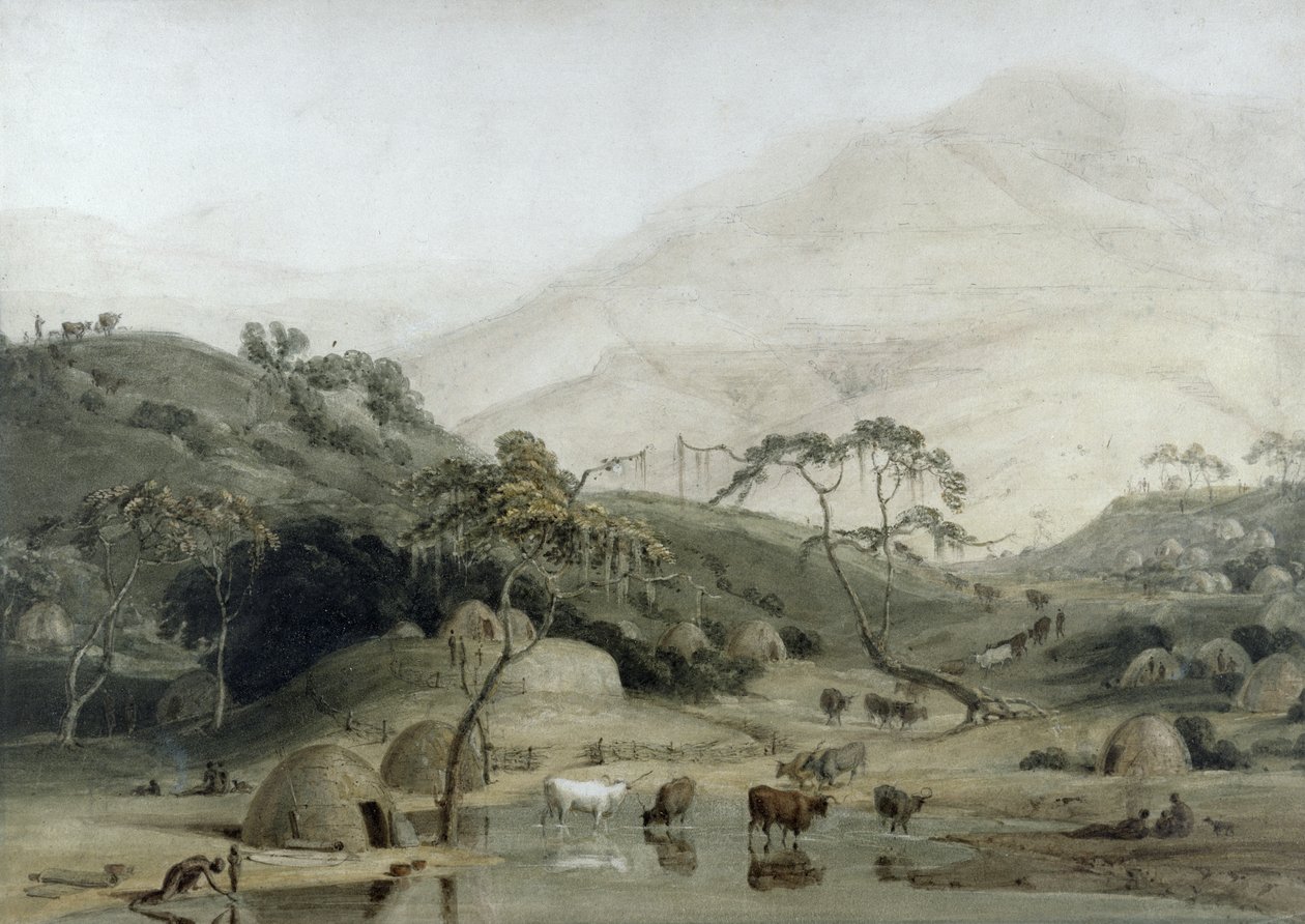 A Kaffir Village, ca 1801 (wc och grafit på papper) av Samuel Daniell