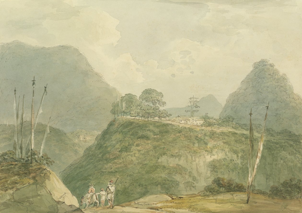 Bergigt landskap med flod (wc & grafit på papper) av Samuel Davis