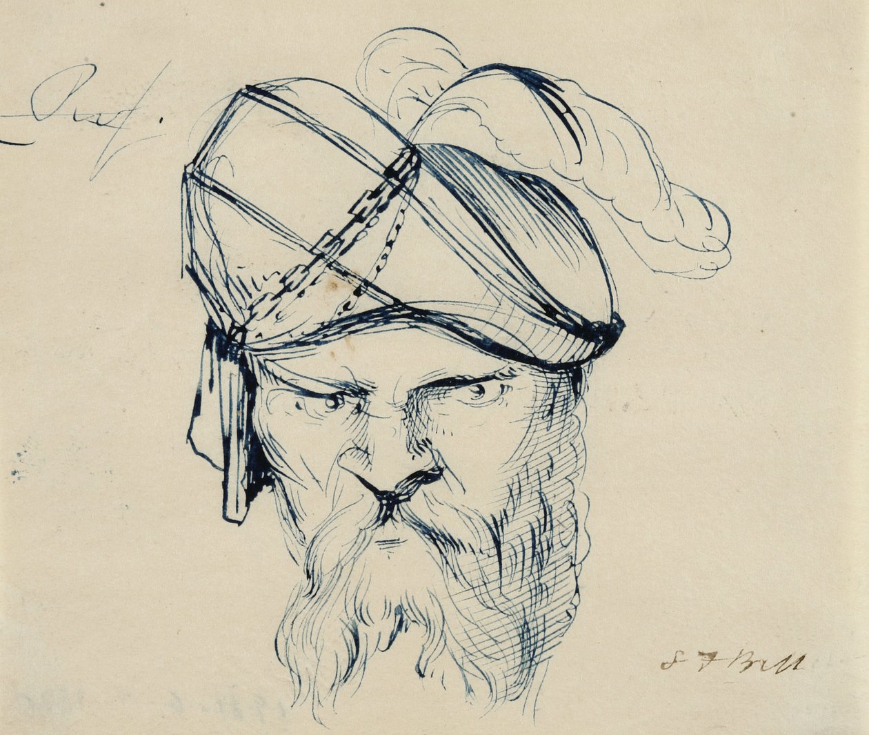 Man som bär en plymerad turban, 1840-42 (penna och blått bläck på krämvävt papper) av Samuel Finley Breese Morse
