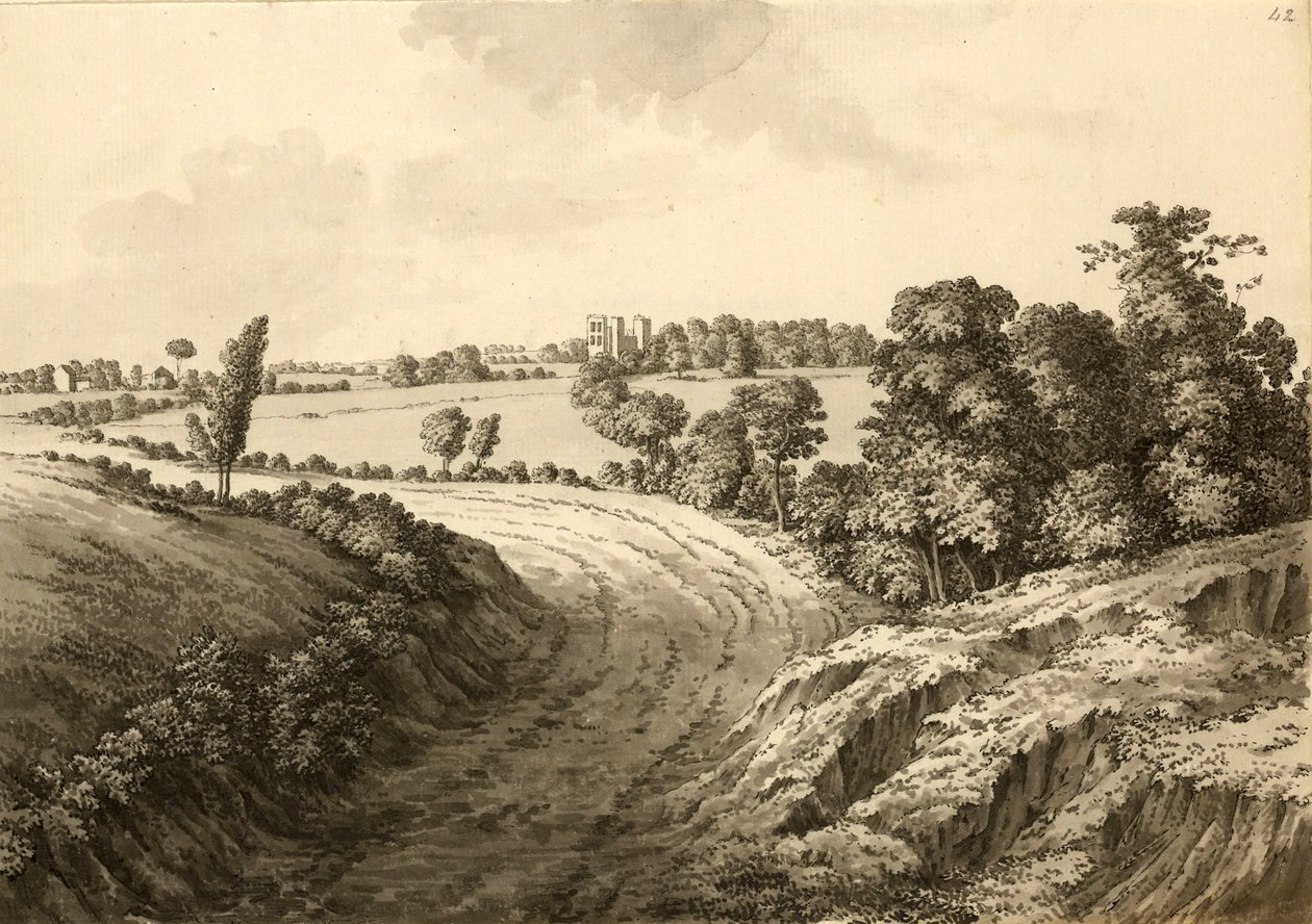 Hardwick Hall from Thakley Lane in Derbyshire av Samuel Hieronymous Grimm