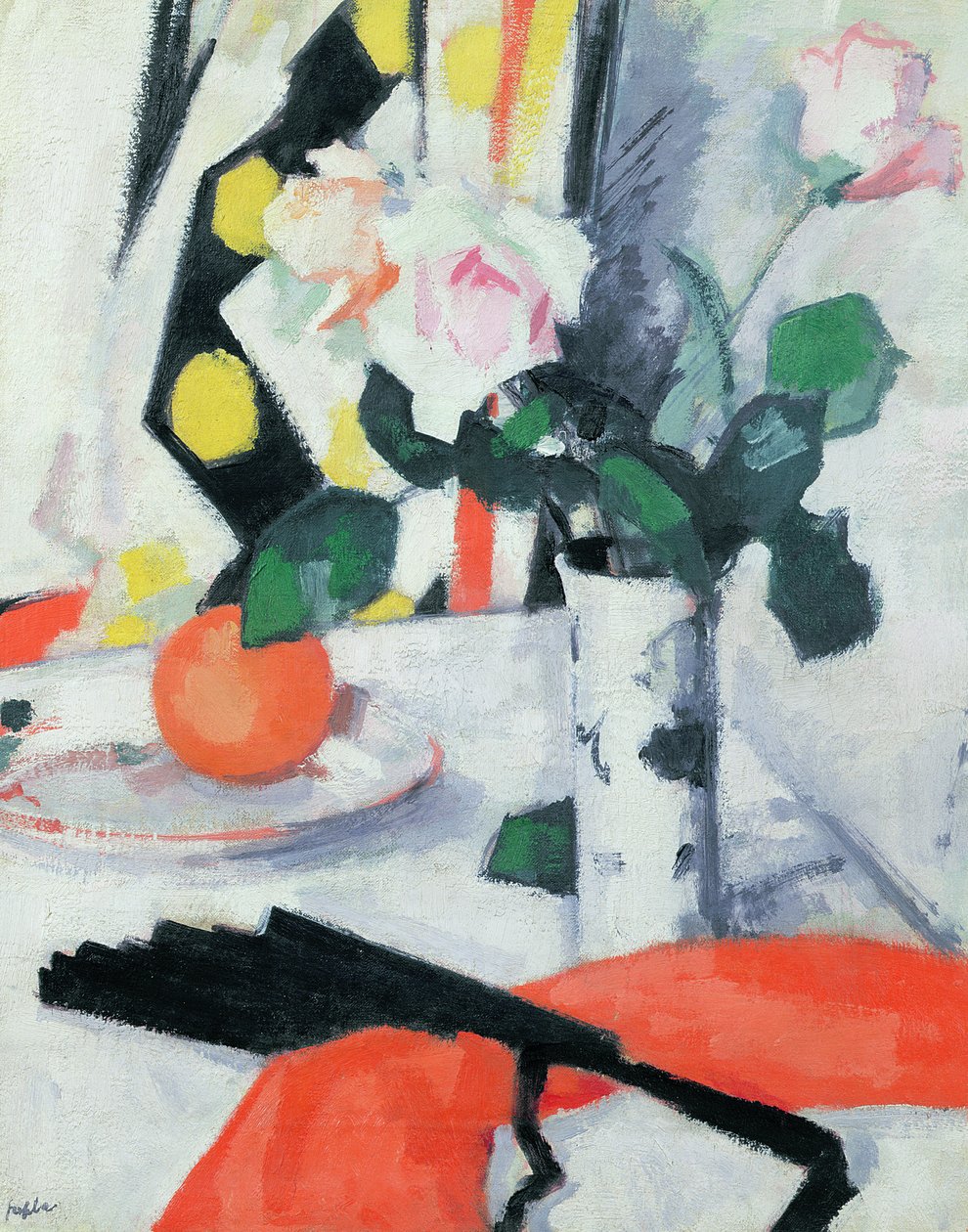 Stilleben: Rosor i en kinesisk vas med svart fläkt, 1924 av Samuel John Peploe