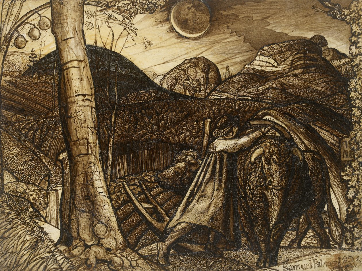 A Rustic Scene, 1823 (penna och pensel i sepia) av Samuel Palmer