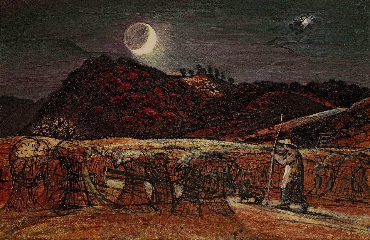 Cornfield by Moonlight, with the Evening Star, c.1830 (wc och kroppsfärg med penna och bläck) av Samuel Palmer