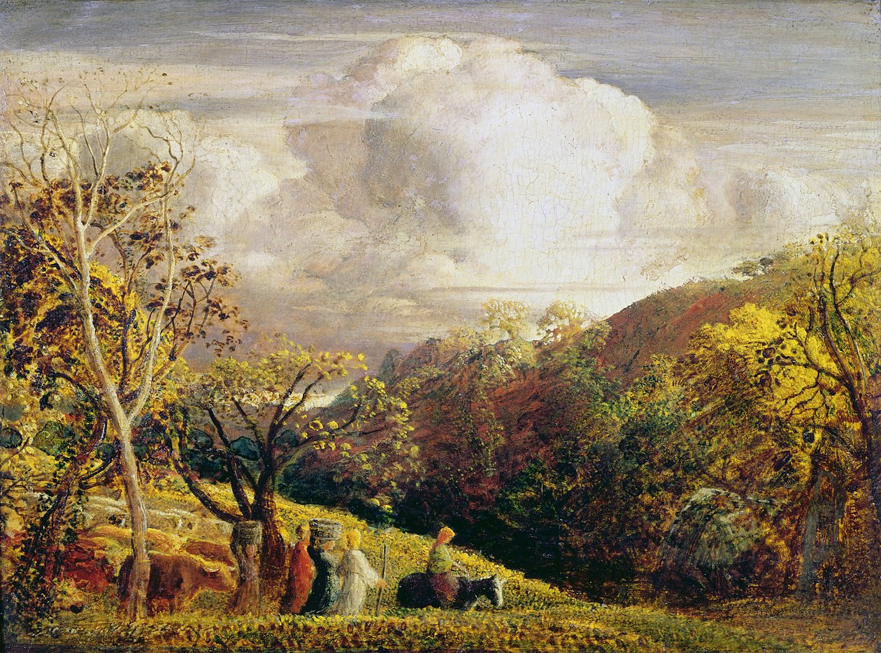 Landskap, figurer och boskap (wc och kroppsfärg på papper) av Samuel Palmer