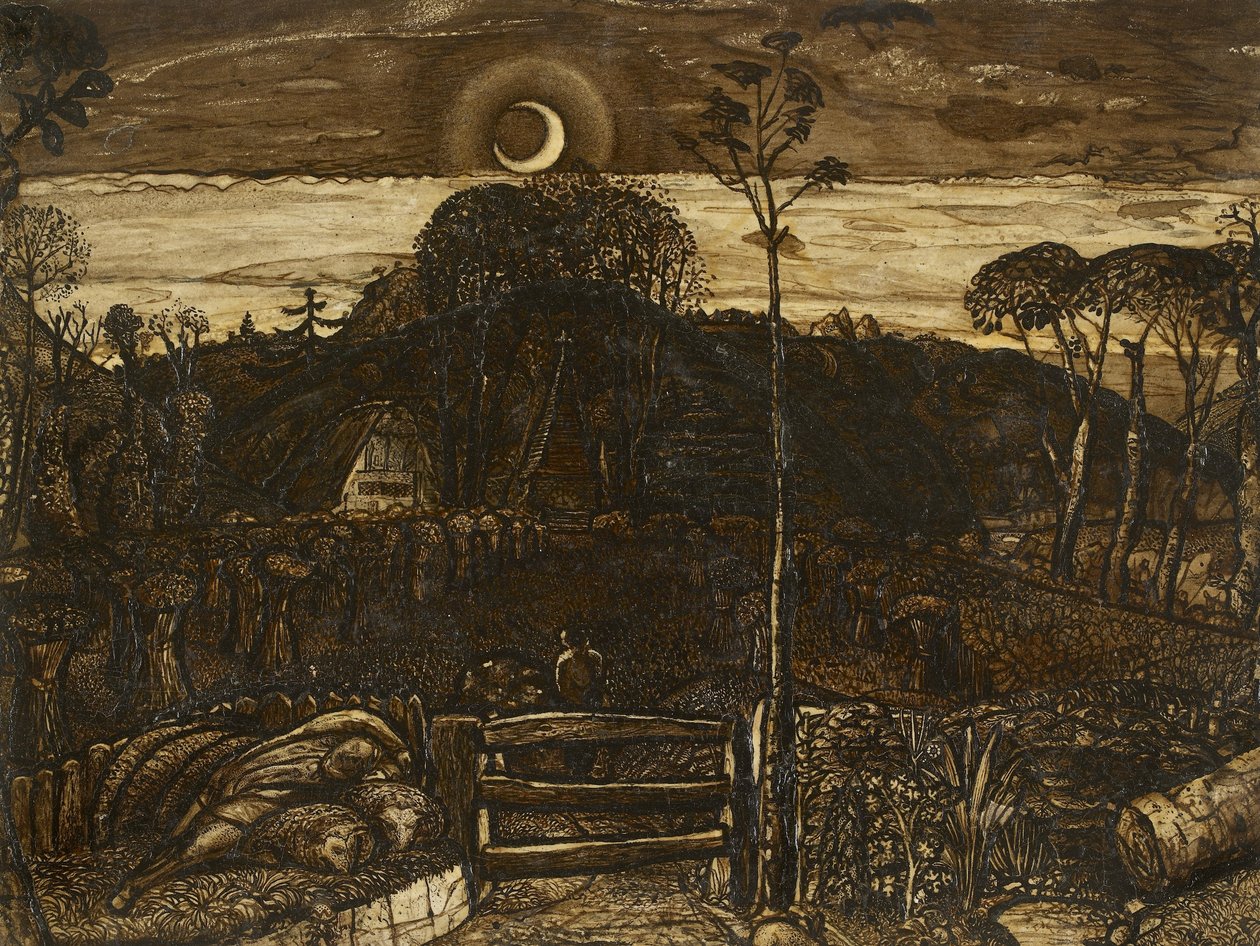 Late Twilight, 1825 (penna och mörkbrunt bläck med pensel i sepia blandat med gummi arabicum; lackerad) av Samuel Palmer