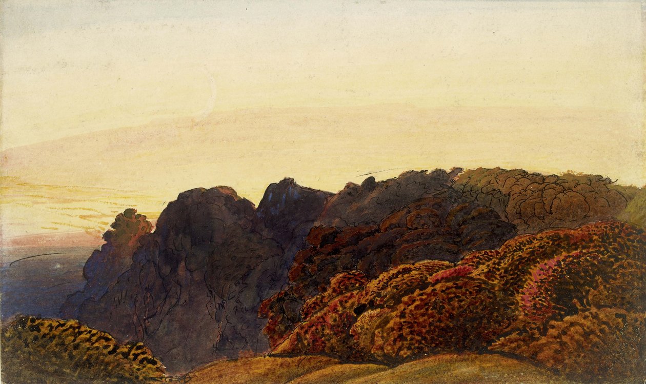 Yellow Twilight, ca 1830 (penna och indisk bläck och tvätt, med akvarell och kroppsfärg och gummi arabicum, på benvitt papper) av Samuel Palmer