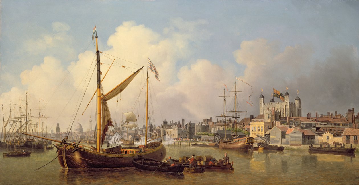 Themsen och Towern i London antas vara på kungens födelsedag, 1771 av Samuel Scott