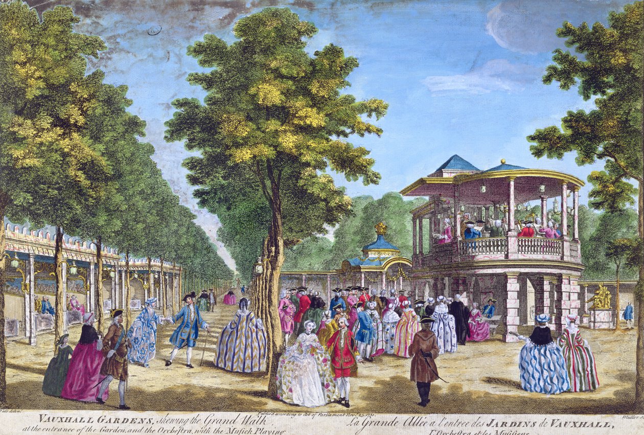 Vy över Grand Walk vid ingången till Vauxhall Pleasure Gardens med orkestern som spelar, graverad av Muller. av Samuel Wale